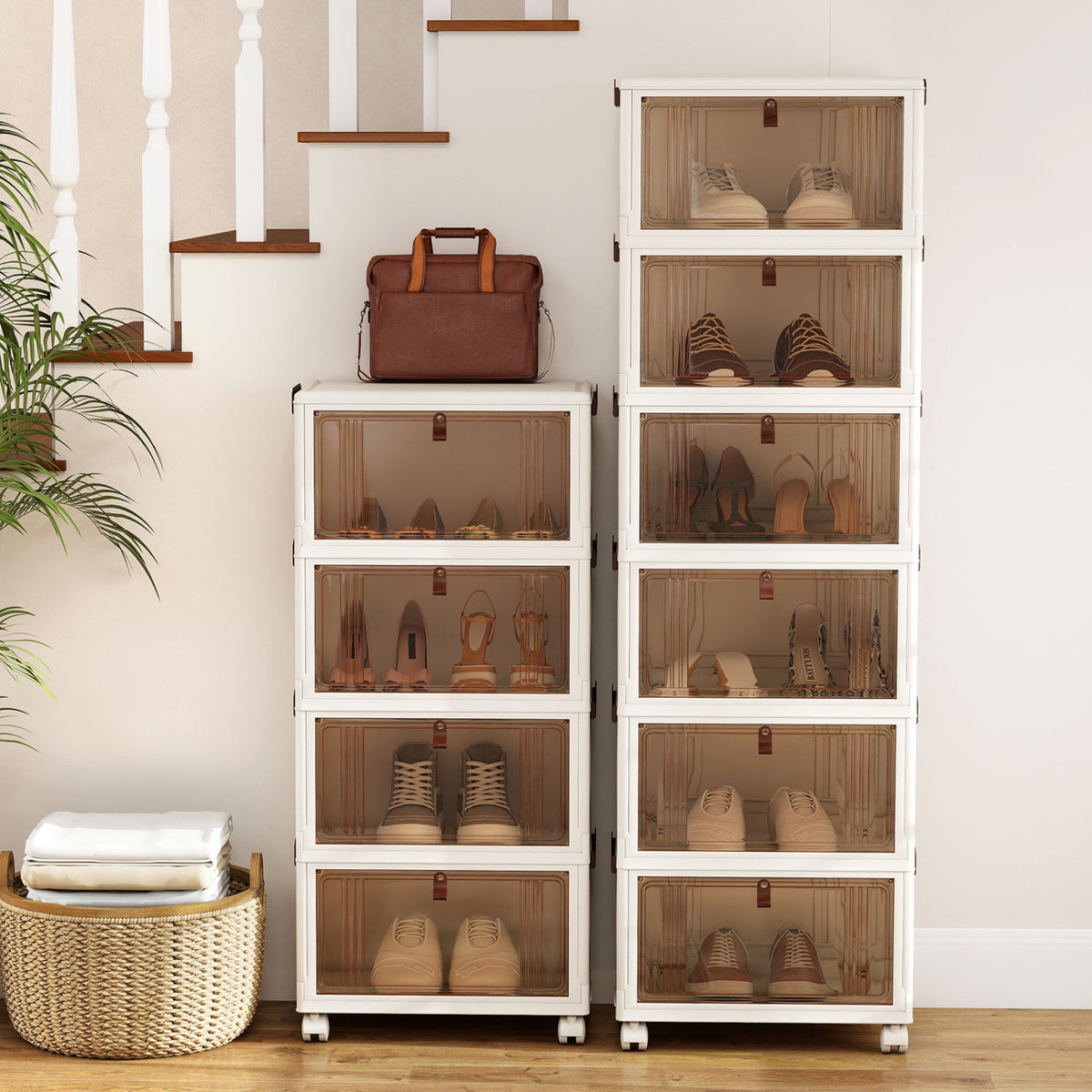 4-Tier Collapsible Shoe Box Lid Doors and Lockable Wheels-White view 3