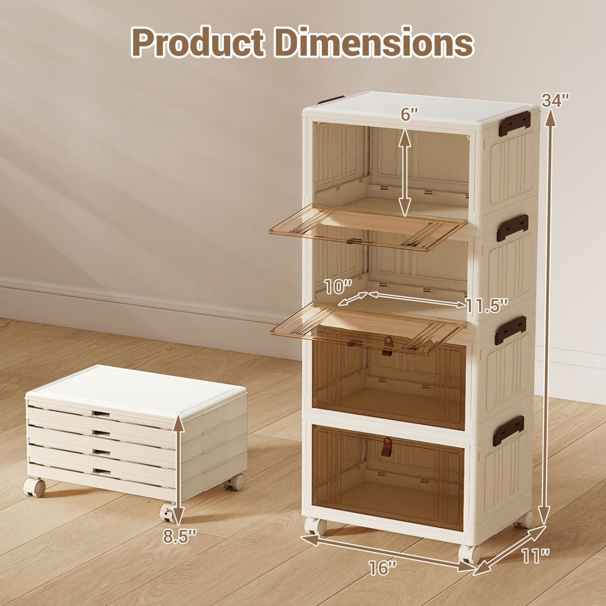 4-Tier Collapsible Shoe Box Lid Doors and Lockable Wheels-White view 5