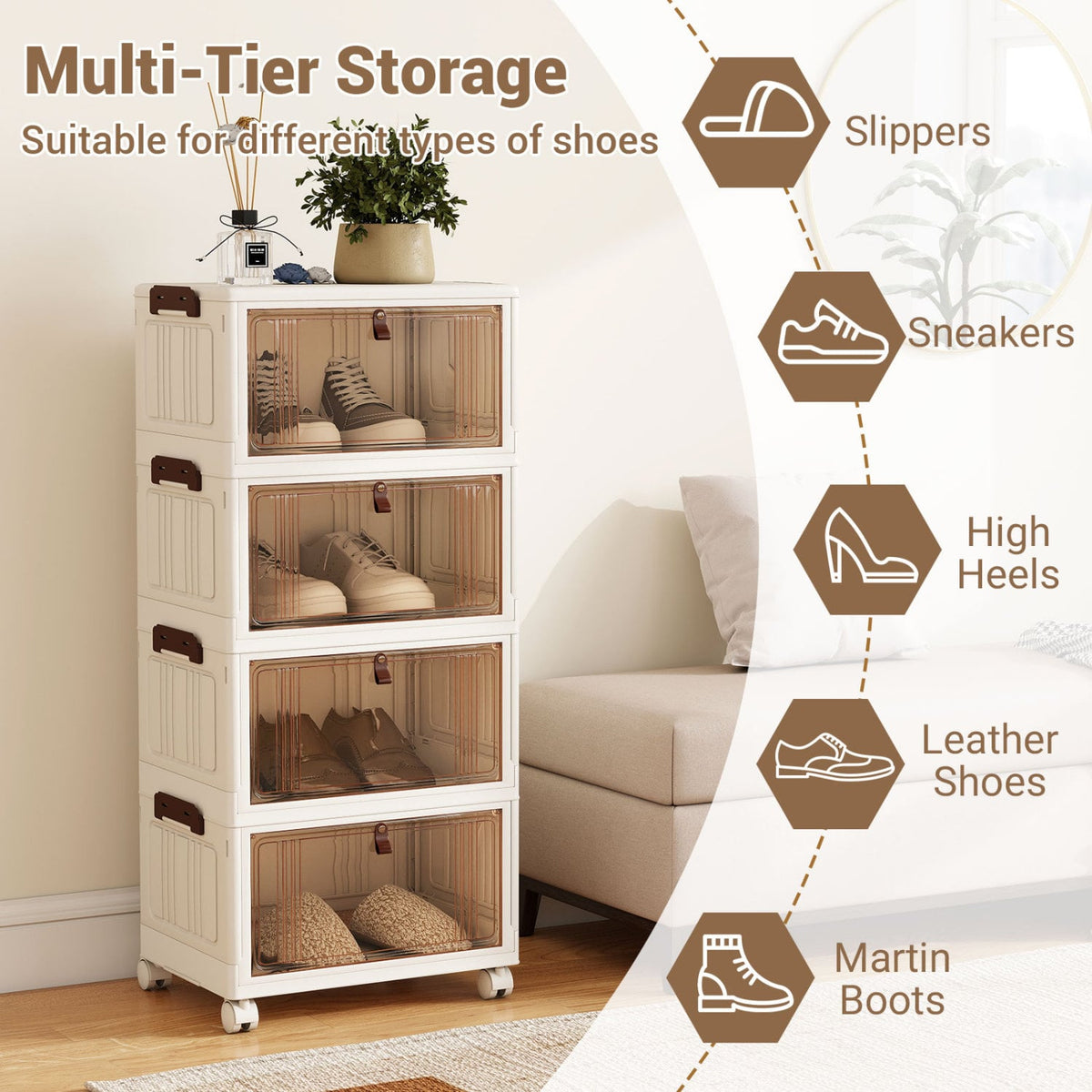 4-Tier Collapsible Shoe Box Lid Doors and Lockable Wheels-White view 6