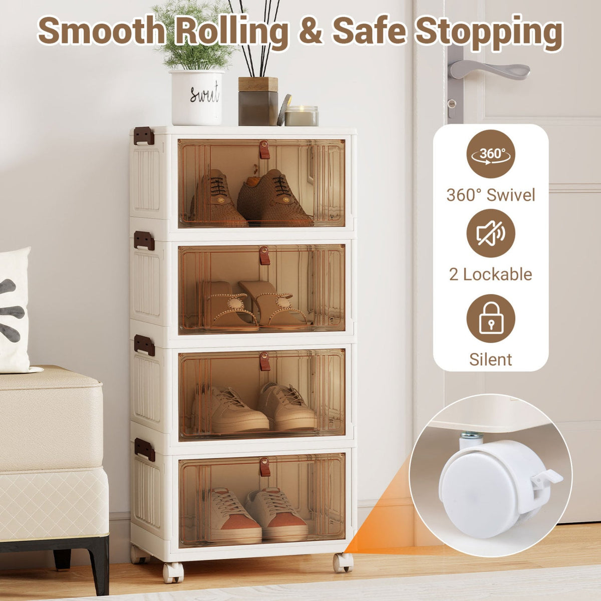 4-Tier Collapsible Shoe Box Lid Doors and Lockable Wheels-White view 7