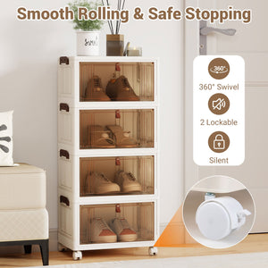 4-Tier Collapsible Shoe Box Lid Doors and Lockable Wheels-White view 7