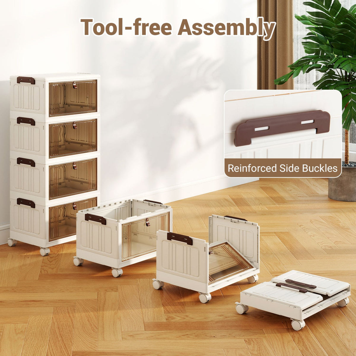 4-Tier Collapsible Shoe Box Lid Doors and Lockable Wheels-White view 8