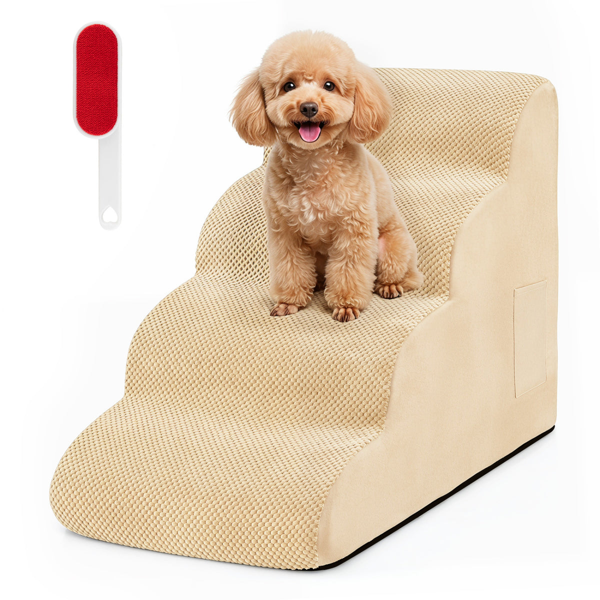 4-Tier Foam Non-Slip Dog Steps with Washable Zippered Cover and Brush-Beige