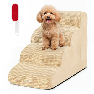 4-Tier Foam Non-Slip Dog Steps with Washable Zippered Cover and Brush-Beige