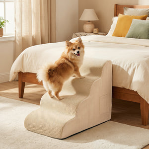 4-Tier Foam Non-Slip Dog Steps with Washable Zippered Cover and Brush-Beige view 2