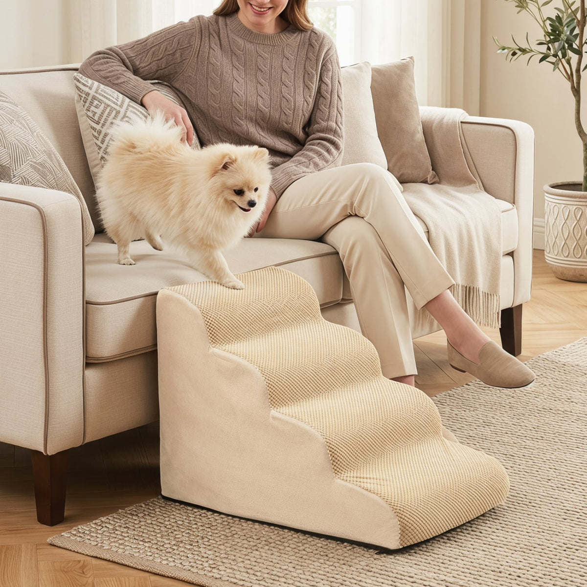4-Tier Foam Non-Slip Dog Steps with Washable Zippered Cover and Brush-Beige view 3