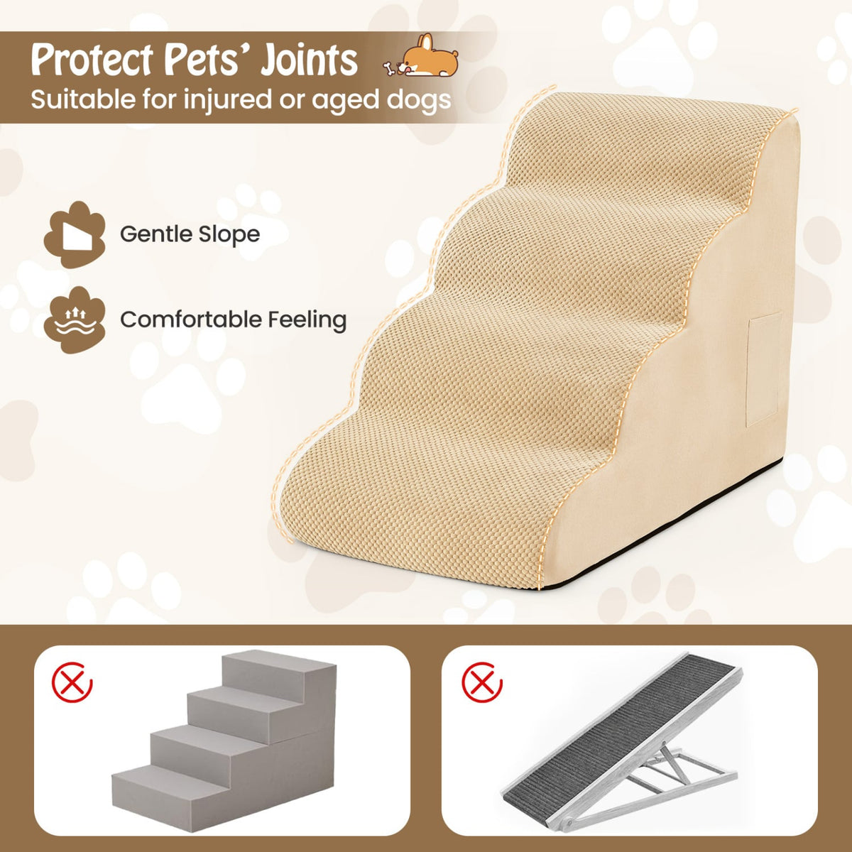 4-Tier Foam Non-Slip Dog Steps with Washable Zippered Cover and Brush-Beige view 7