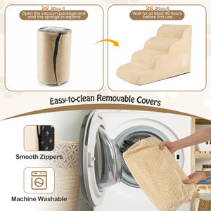 4-Tier Foam Non-Slip Dog Steps with Washable Zippered Cover and Brush-Beige view 8