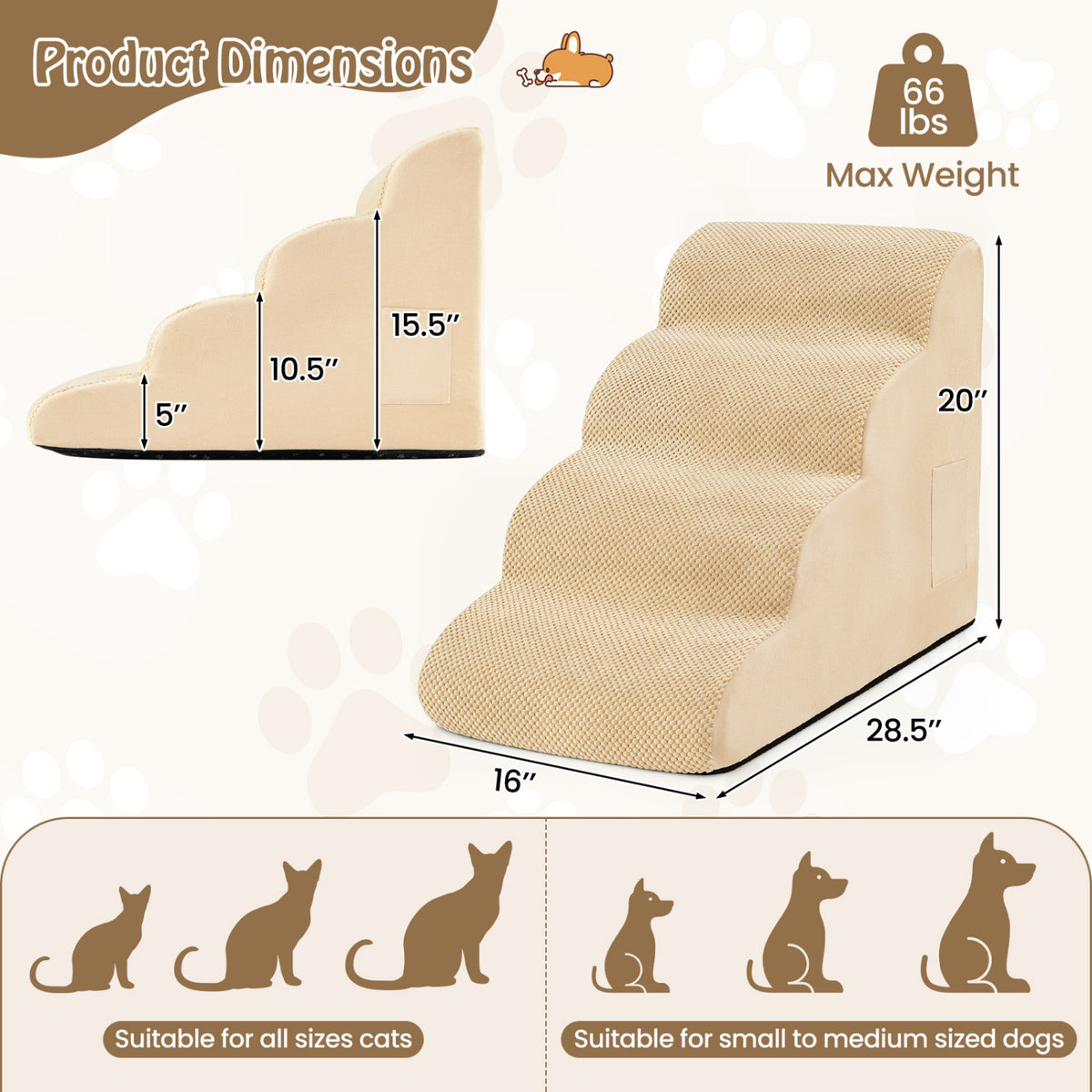 4-Tier Foam Non-Slip Dog Steps with Washable Zippered Cover and Brush-Beige view 5