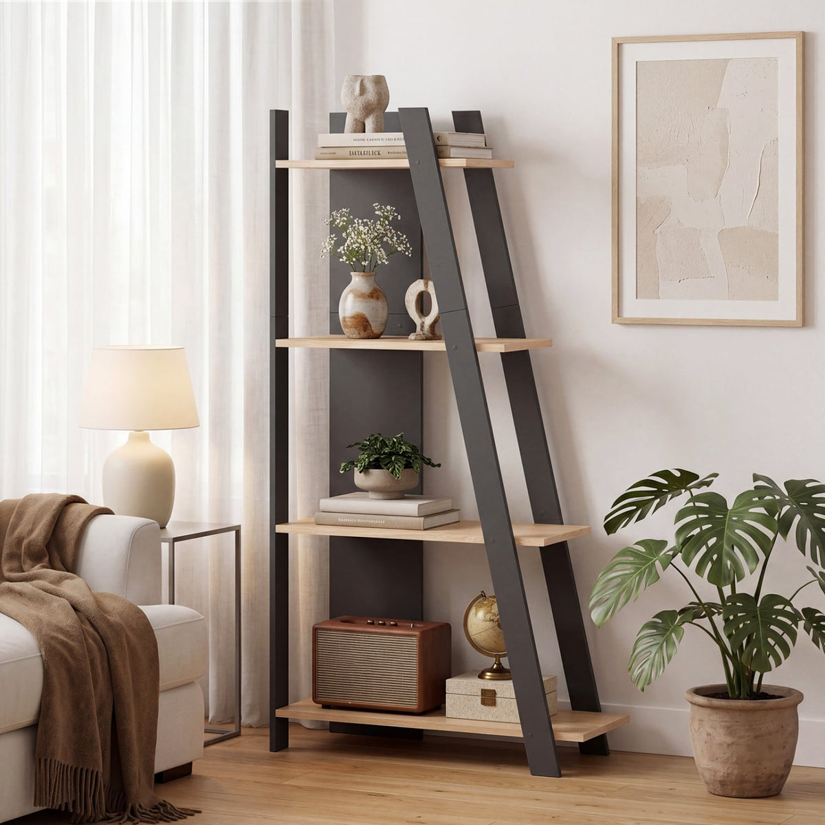 4-Tier Modern Bookshelf Wooden Vertical Display Book Shelf for Small Space-Oak view 2