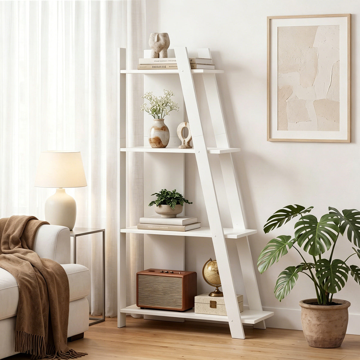 4-Tier Modern Bookshelf Wooden Vertical Display Book Shelf for Small Space-White view 2
