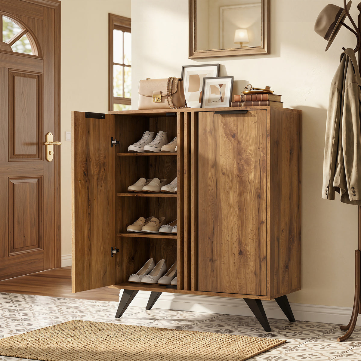 4-Tier Modern Freestanding Hidden Shoe Cabinet with 2 Doors-Natural view 2