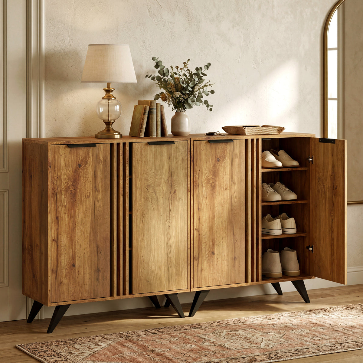 4-Tier Modern Freestanding Hidden Shoe Cabinet with 2 Doors-Natural view 3