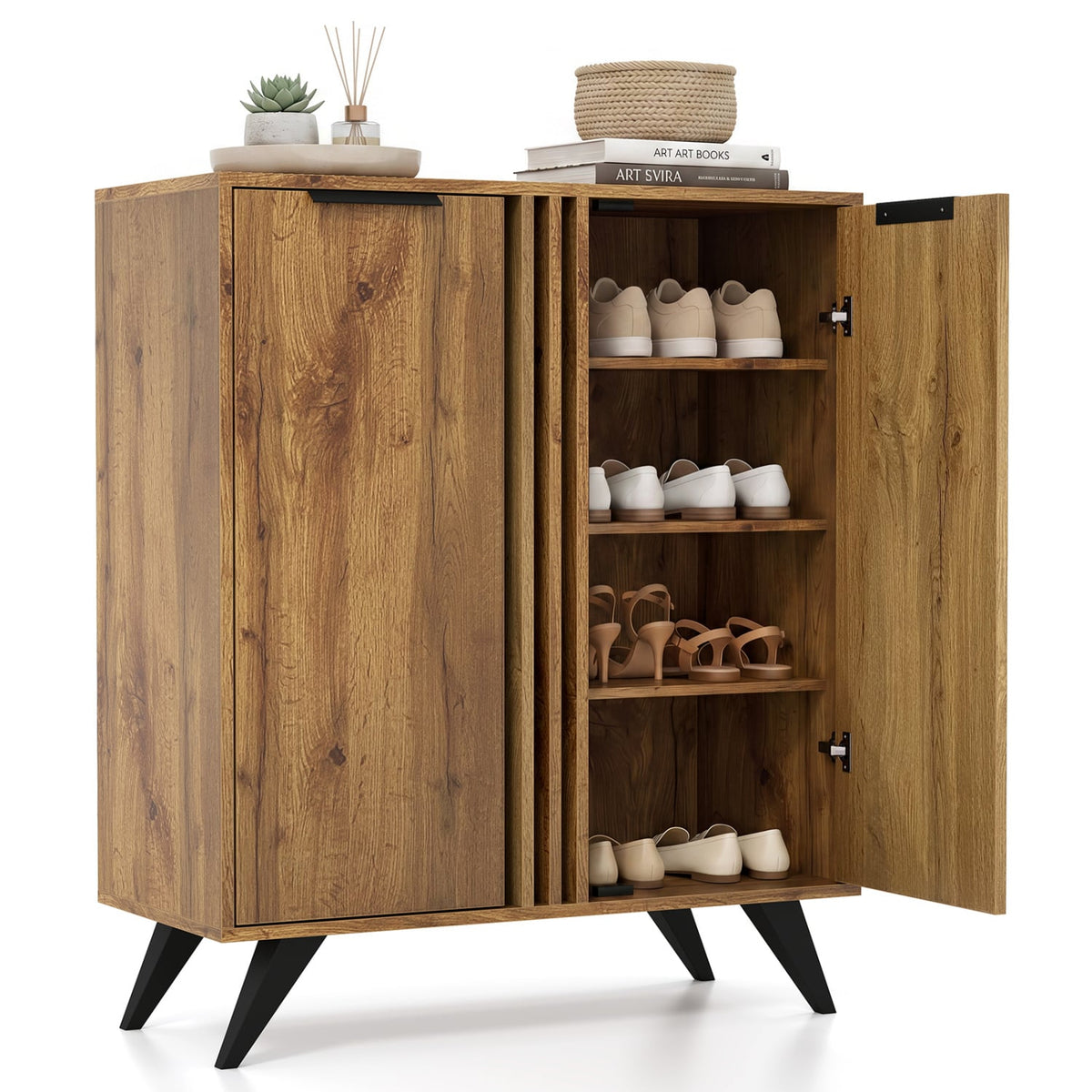 4-Tier Modern Freestanding Hidden Shoe Cabinet with 2 Doors-Natural