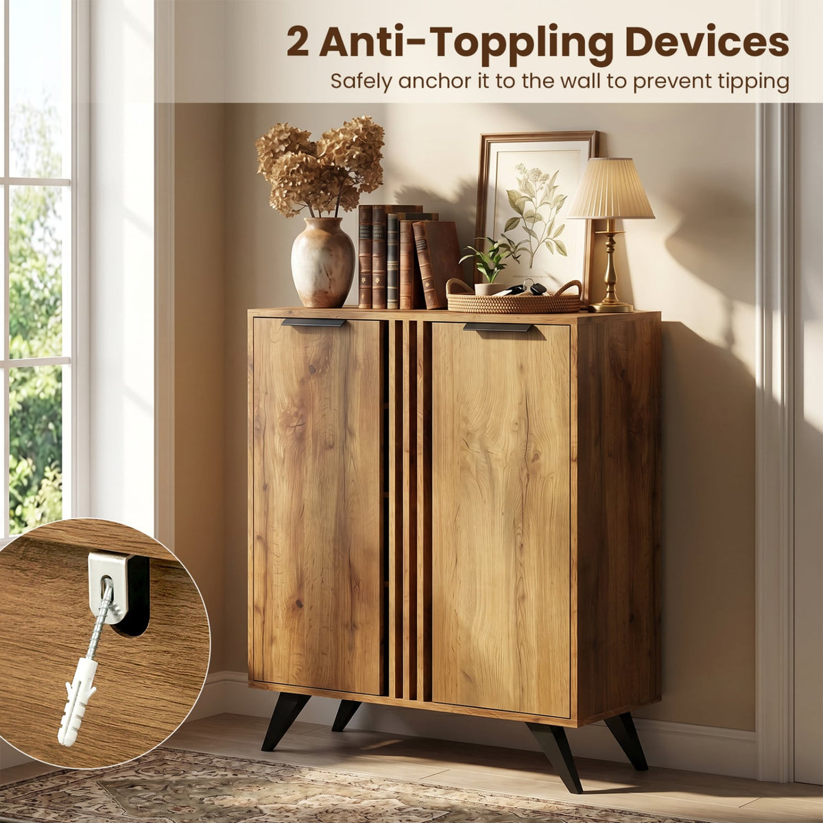 4-Tier Modern Freestanding Hidden Shoe Cabinet with 2 Doors-Natural view 9