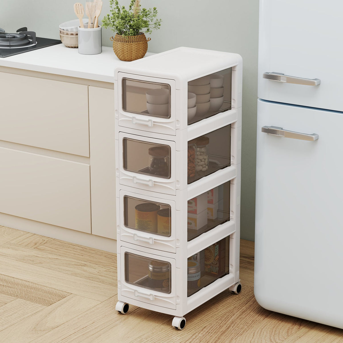4-Tier Plastic Drawer Storage Organizer Rolling Cart with 3/4/5 Drawers and Lockable Wheels view 2