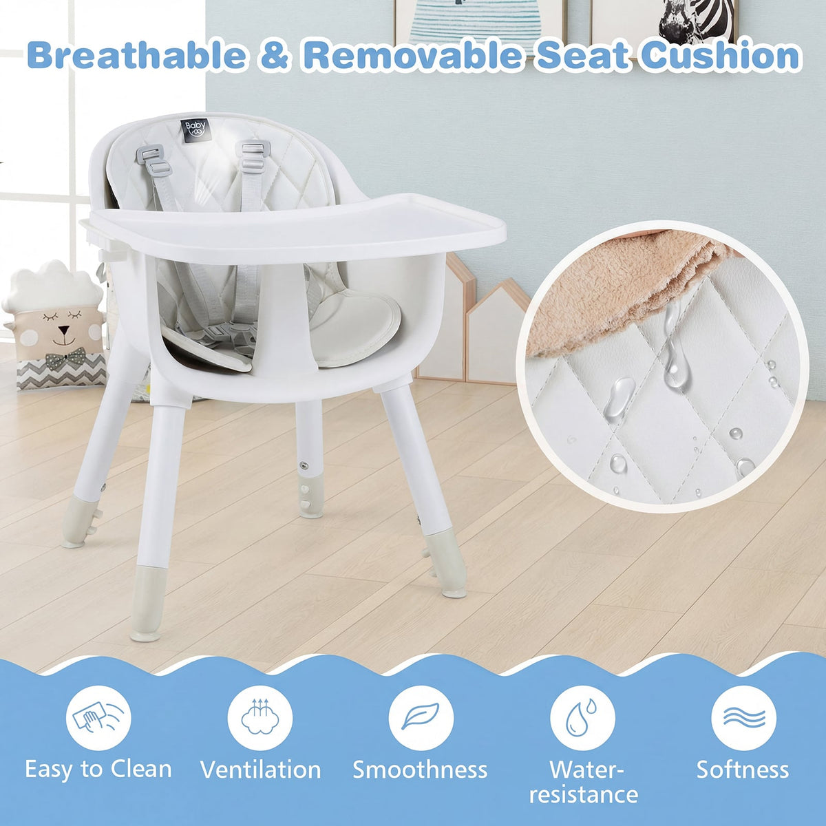 4-in-1 Baby Convertible Toddler Table Chair Set with PU Cushion-Cream view 7
