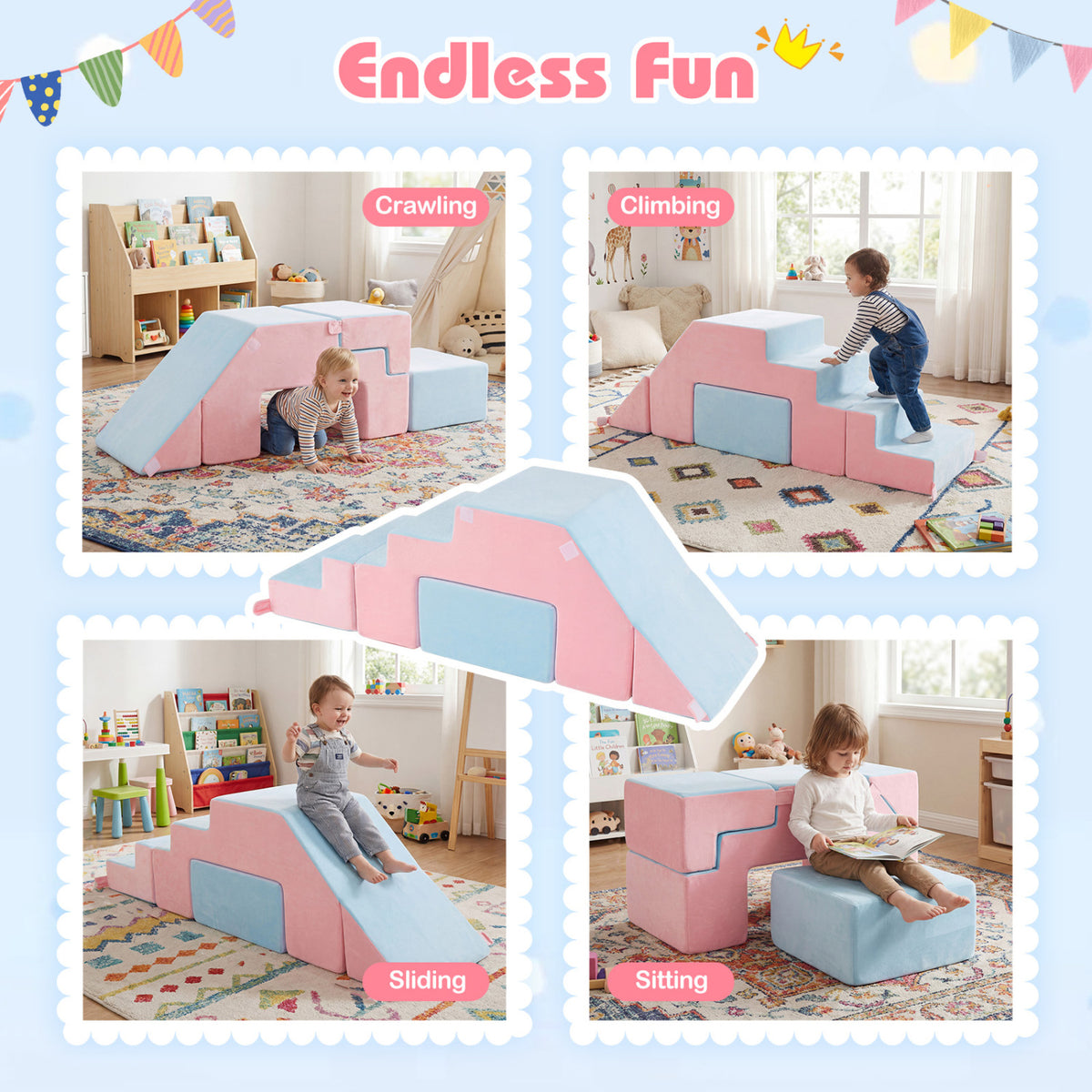 4-in-1 Foam Climbing Blocks Toddler Indoor Climb with Slide-Pink view 7
