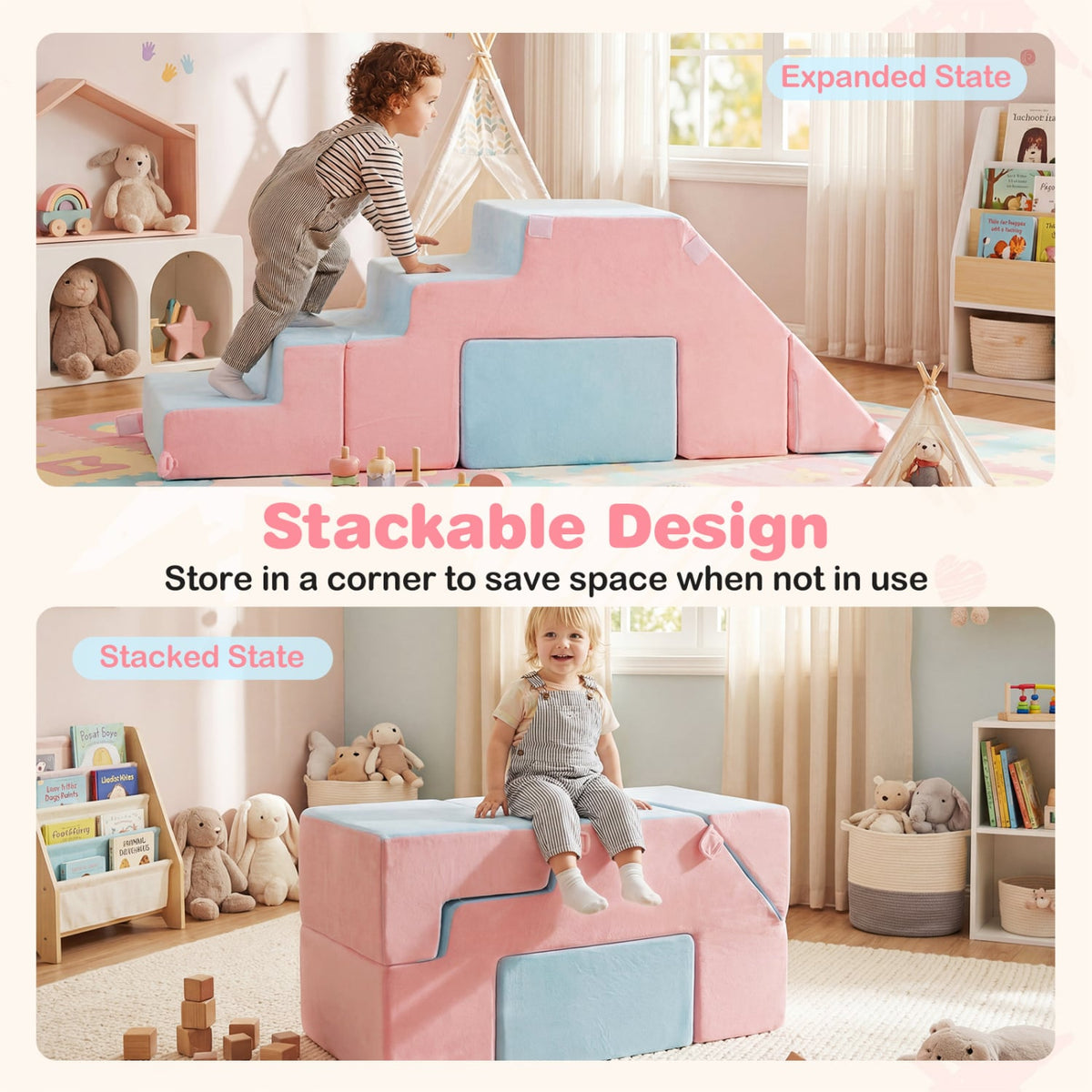 4-in-1 Foam Climbing Blocks Toddler Indoor Climb with Slide-Pink view 9