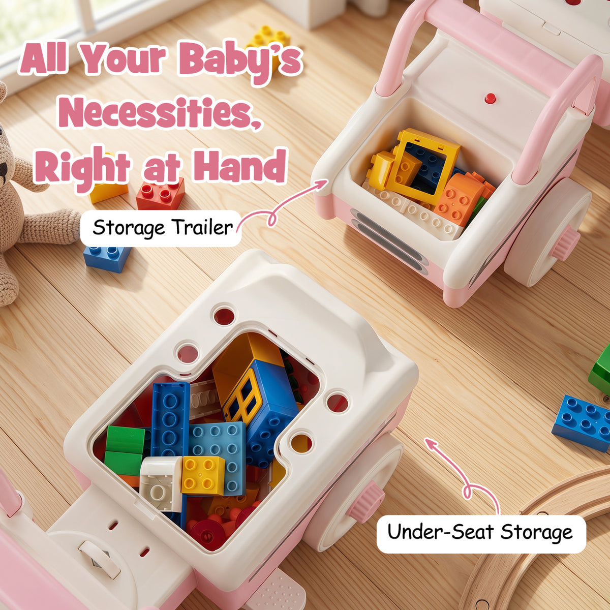 4 in 1 Ride on Push Car with Music and Under-Seat Storage for Boys Girls-Pink view 8