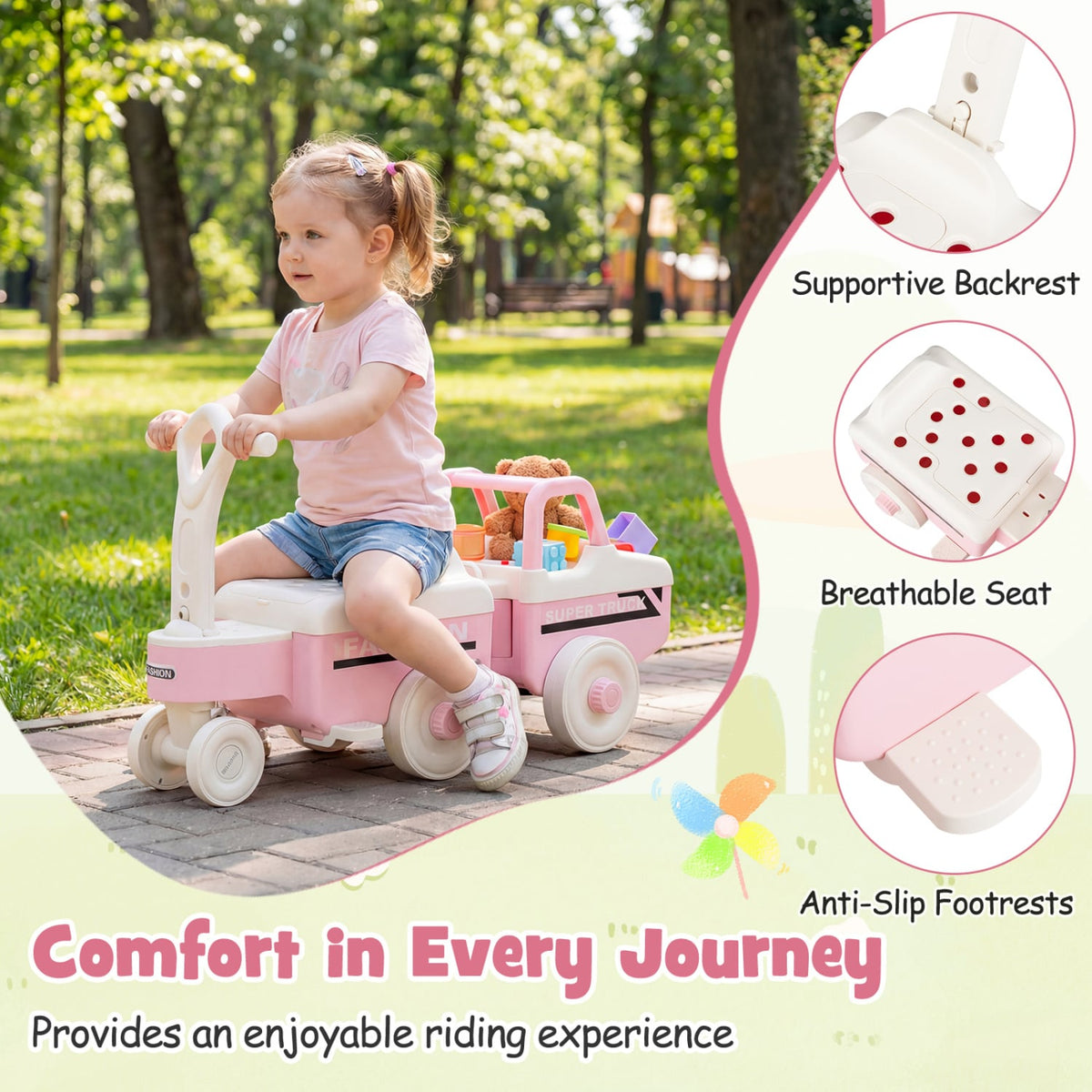 4 in 1 Ride on Push Car with Music and Under-Seat Storage for Boys Girls-Pink view 9