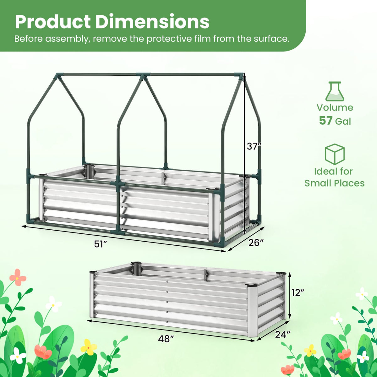 4 x 2 x 3 Feet Small Galvanized Raised Garden Bed with Greenhouse Cover-Silver view 4