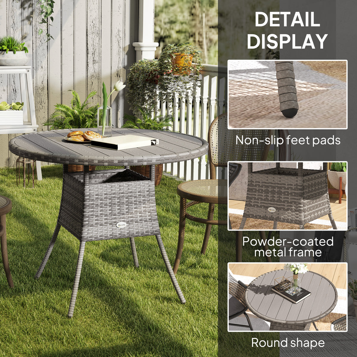 27.5" Outdoor Wicker Dining Table, PE Rattan Patio Furniture with Wood-plastic Composite Top, Grey – view 12
