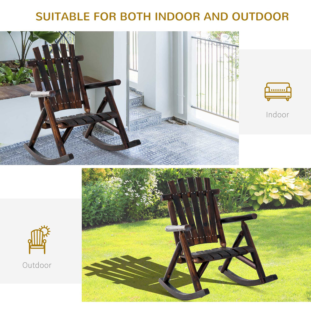 Wooden Outdoor Rocking Chair, Oversized Adirondack Patio Rocker with High Back and Slatted Seat, Carbonized – view 10