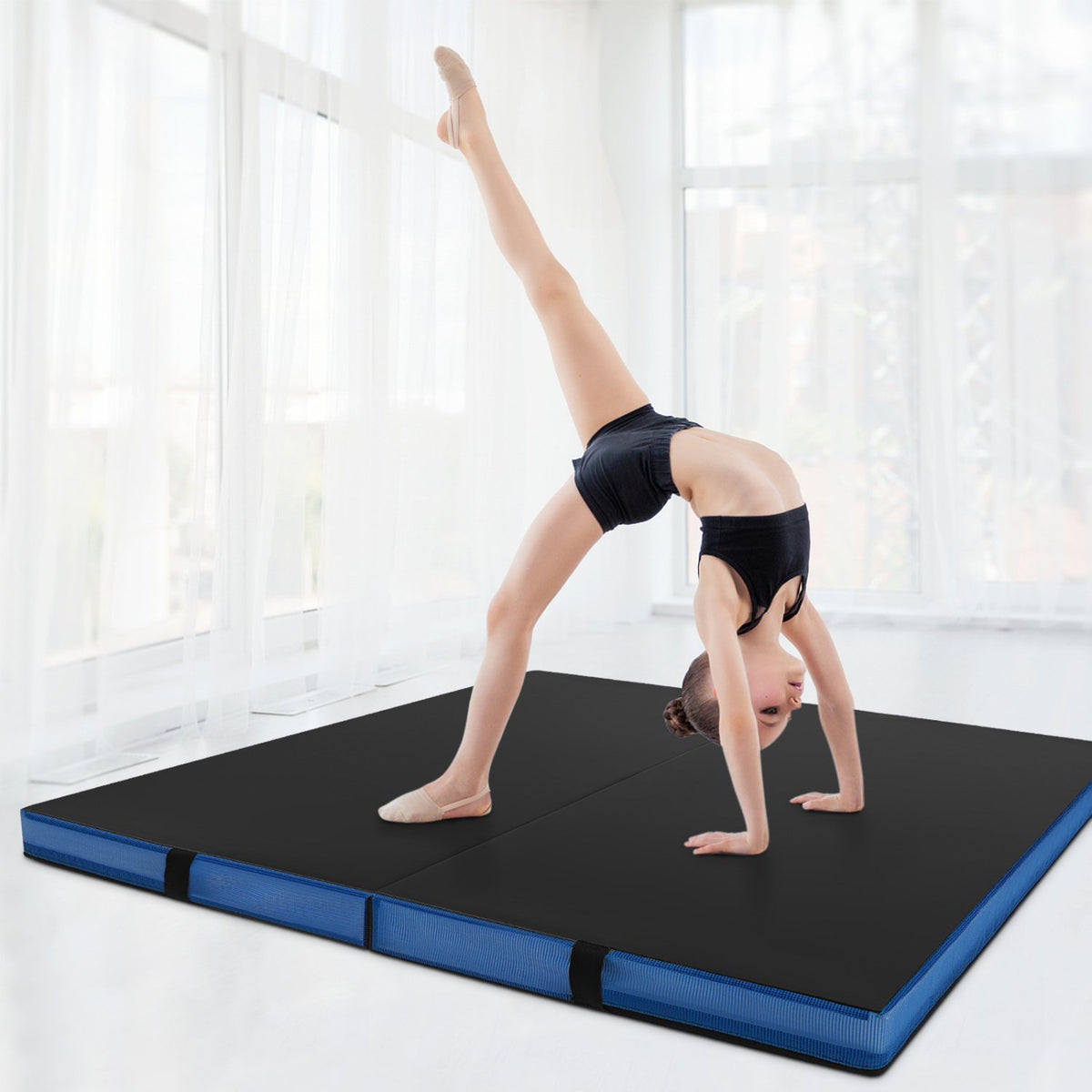 4ft x 4ft x 4in Bi-Folding Gymnastic Tumbling Mat with Handles and Cover-Black view 2