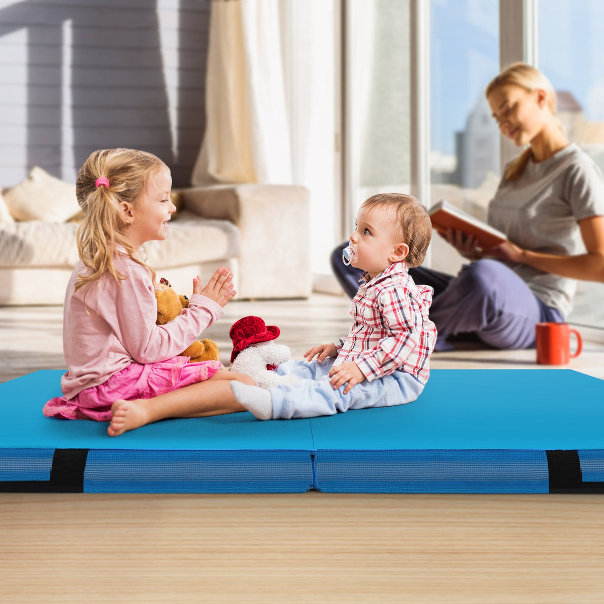 4ft x 4ft x 4in Bi-Folding Gymnastic Tumbling Mat with Handles and Cover-Blue view 2