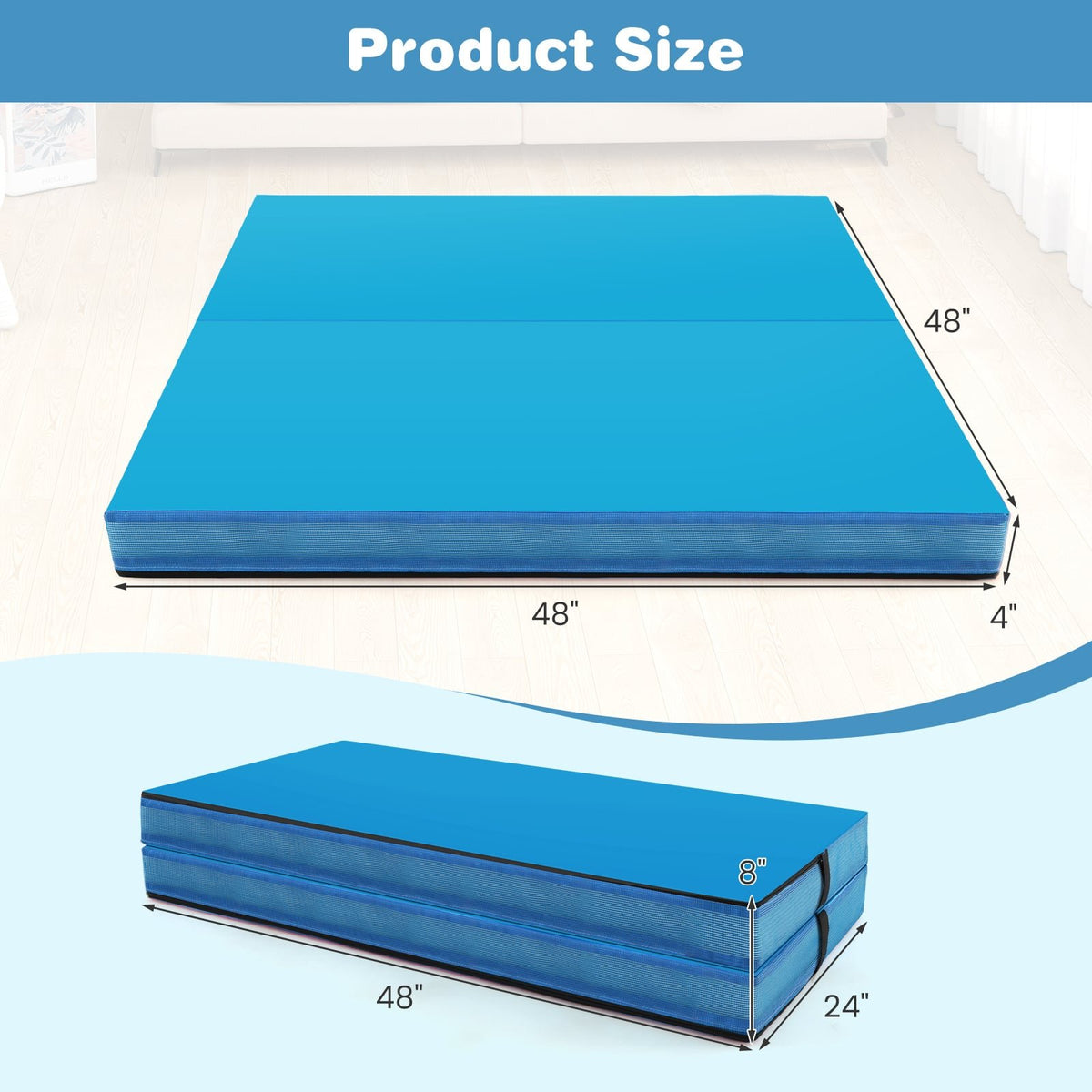 4ft x 4ft x 4in Bi-Folding Gymnastic Tumbling Mat with Handles and Cover-Blue view 4