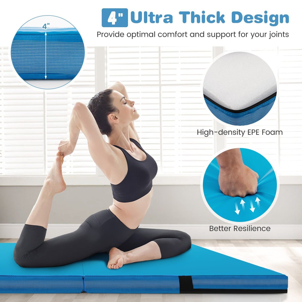 4ft x 4ft x 4in Bi-Folding Gymnastic Tumbling Mat with Handles and Cover-Blue view 6