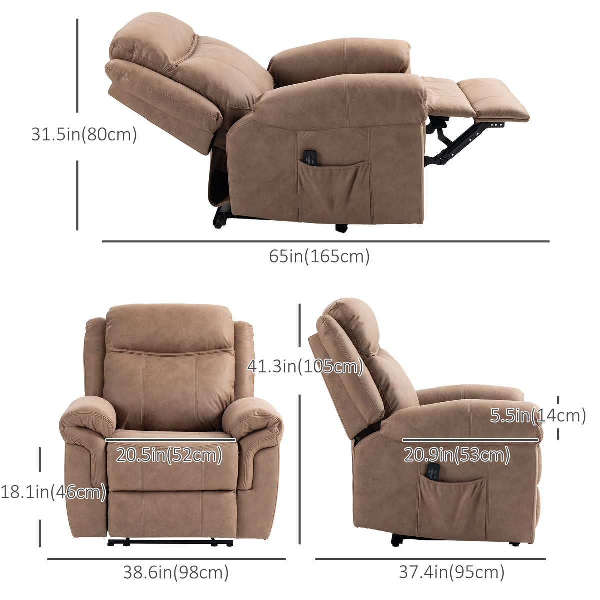 Manual Recliner Chair with Vibration Massage, Side Pockets, Microfibre Reclining Chair for Living Room, Brown