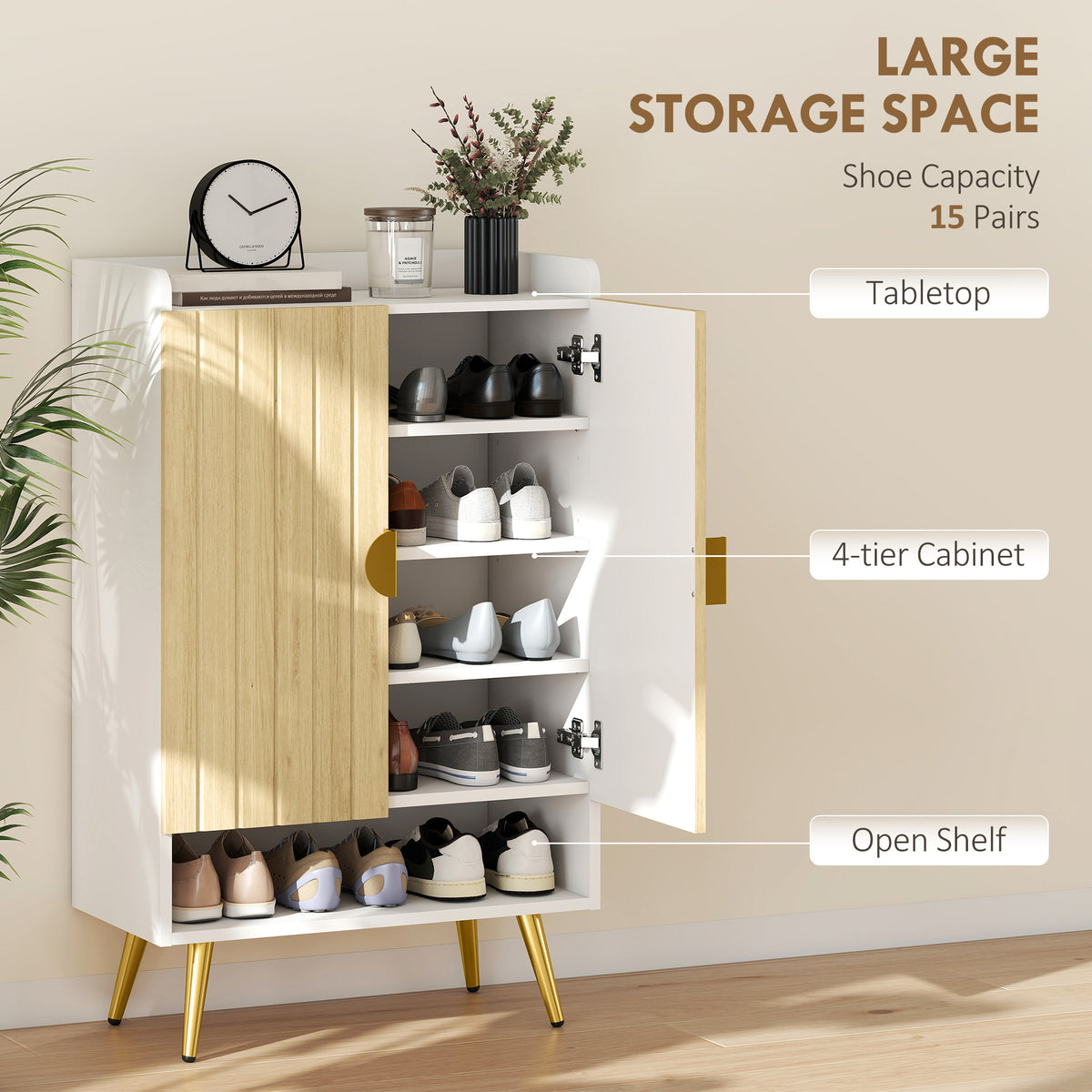 Entryway Shoe Storage Cabinet, Narrow Shoe Cabinet with Adjustable Shelves and Open Shelf for 15 Pairs of – view 10