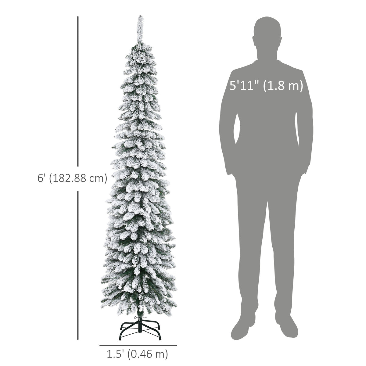 6 Ft Snow-Flocked Artificial Christmas Tree, Slim Pencil Xmas Tree with Realistic Branches, Metal Base – view 5