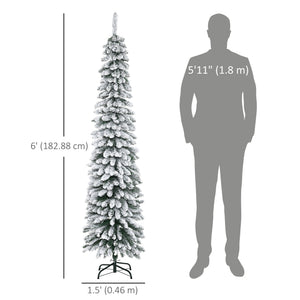 6 Ft Snow-Flocked Artificial Christmas Tree, Slim Pencil Xmas Tree with Realistic Branches, Metal Base – view 5