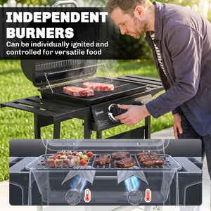 2-Burner Propane Gas Grill, 18000 BTU BBQ Grill with Wheels, Warming Rack, Shelf, Thermometer, Grease Cup, Black