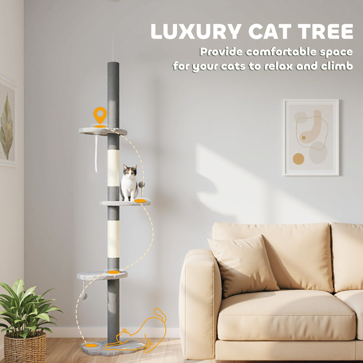 88.5"-100.5" Floor to Ceiling Cat Tree, Cat Tower with Scratching Posts, Cloud Shaped Platforms, Dangling Balls, Cream