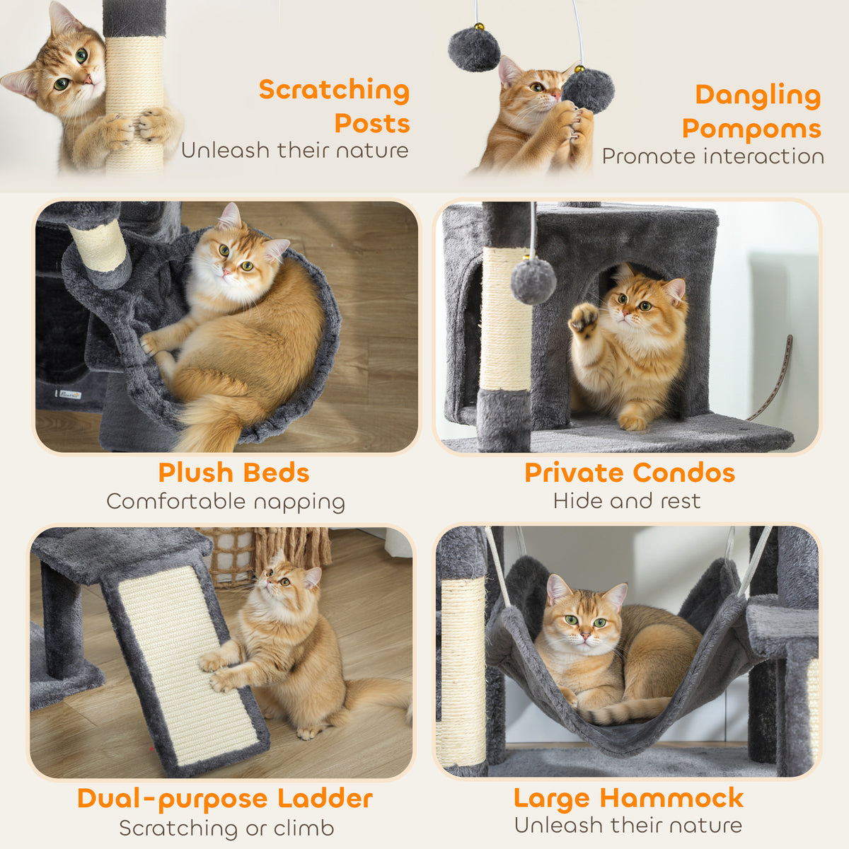 76" Large Cat Tree for Indoor Cats with 8 Scratching Posts, 3 Plush Beds, 2 Hammocks, 2 Large Condos, Ramp – view 4