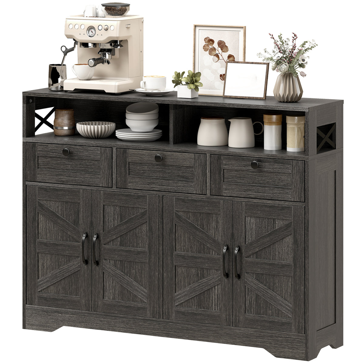 Sideboard, Buffet Cabinet with 4 Barn Doors and 3 Drawers, Coffee Bar Cabinet with Adjustable Shelves, Black – view 8