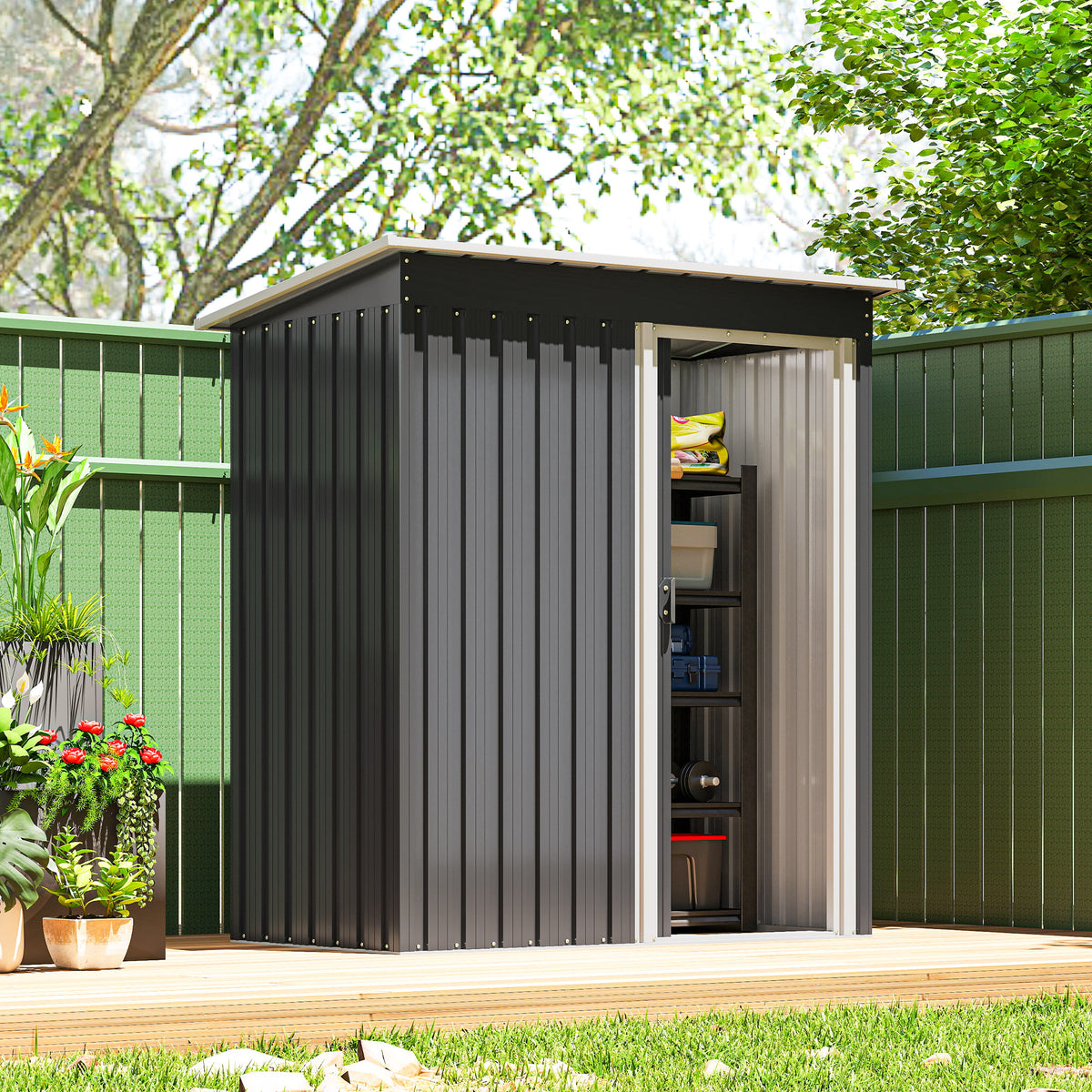 5 x 3 FT Outdoor Storage Shed with Sliding Door and Sloped Roof, Steel Frame Garden Shed Tool Equipment – view 7