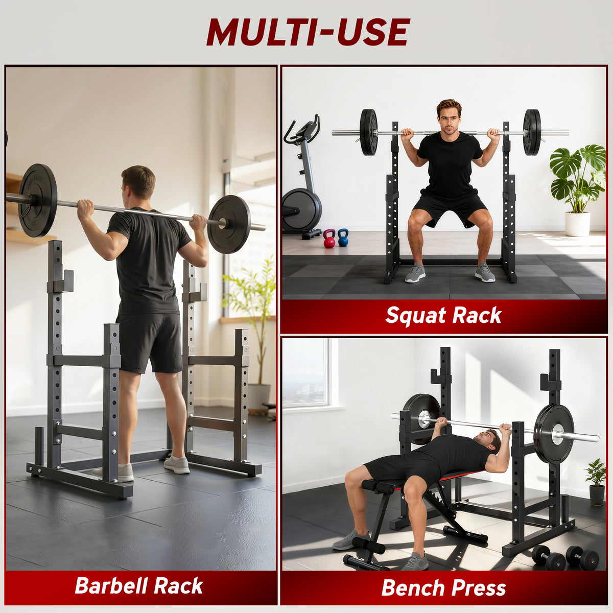 Soozier Adjustable Squat Rack, 660 lbs Multi-Function Barbell Rack for Weight Lifting and Home Gym Strength Training, Black