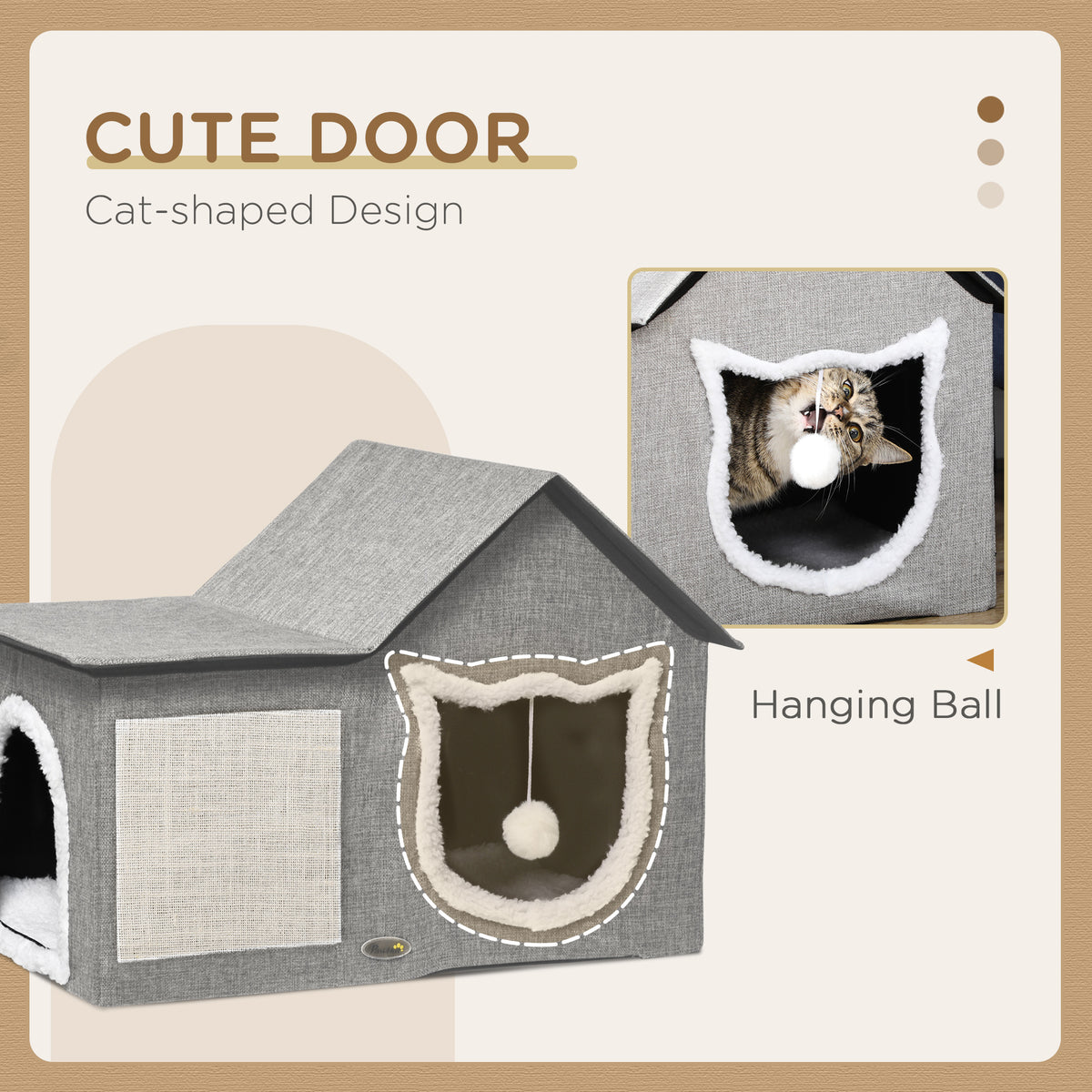 Large Cat Bed for Indoor, Cat House Hideaway with Soft Cushion, Scratching Pad, Dangling Ball, Dual Entrances, Grey