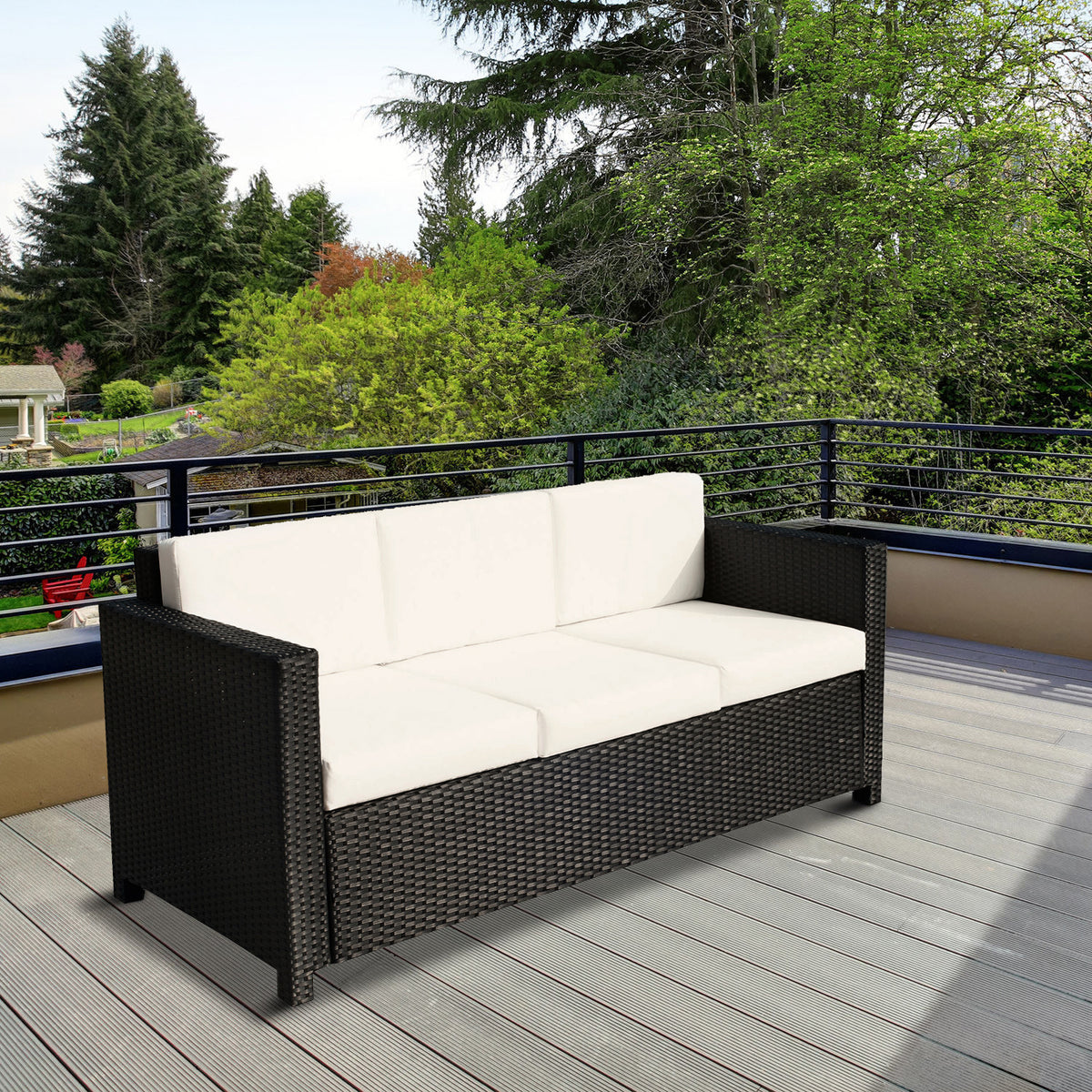 Deluxe 3 Seat Rattan Wicker Sofa Garden Outdoor Patio Furniture with Cushion, Cream White – view 7