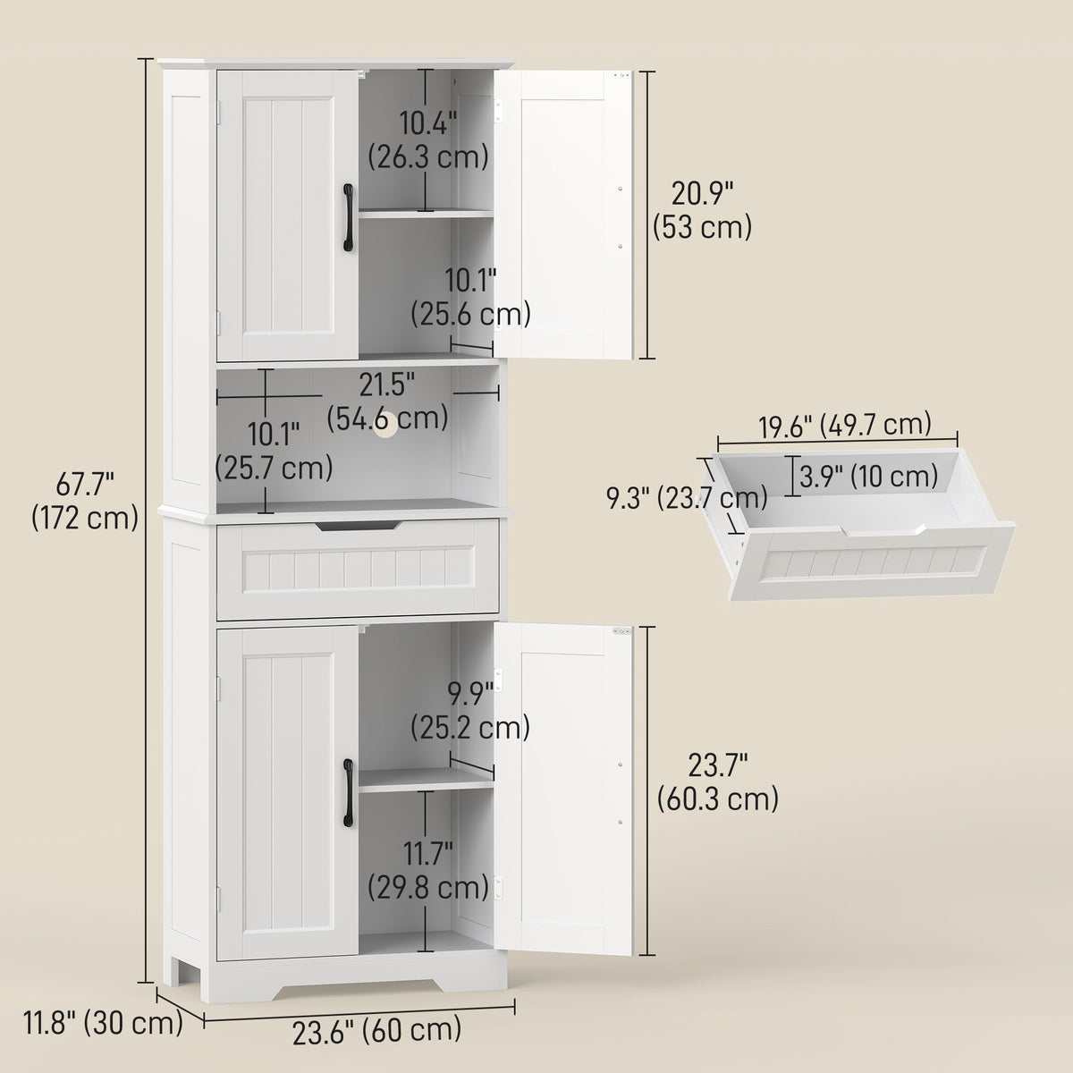 Kitchen Buffet with Hutch, 68" Tall Kitchen Pantry Cabinet with Small Open Counter, 4 Doors, Drawer, White