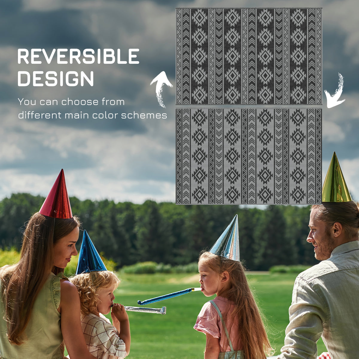 Reversible Outdoor RV Rug, Patio Floor Mat, 6' x 9' Plastic Straw Rug for Backyard, Deck, Beach, Camping, Black & Grey