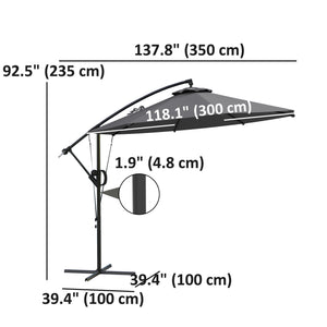 118.1" Patio Offset Umbrella with Cover and Wind Protection Strap,with Crank Handle and Tilt, UPF50+, Grey
