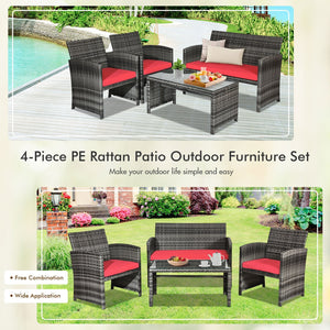 4 Pieces Patio Rattan Furniture Set with Cushions-Red view 8
