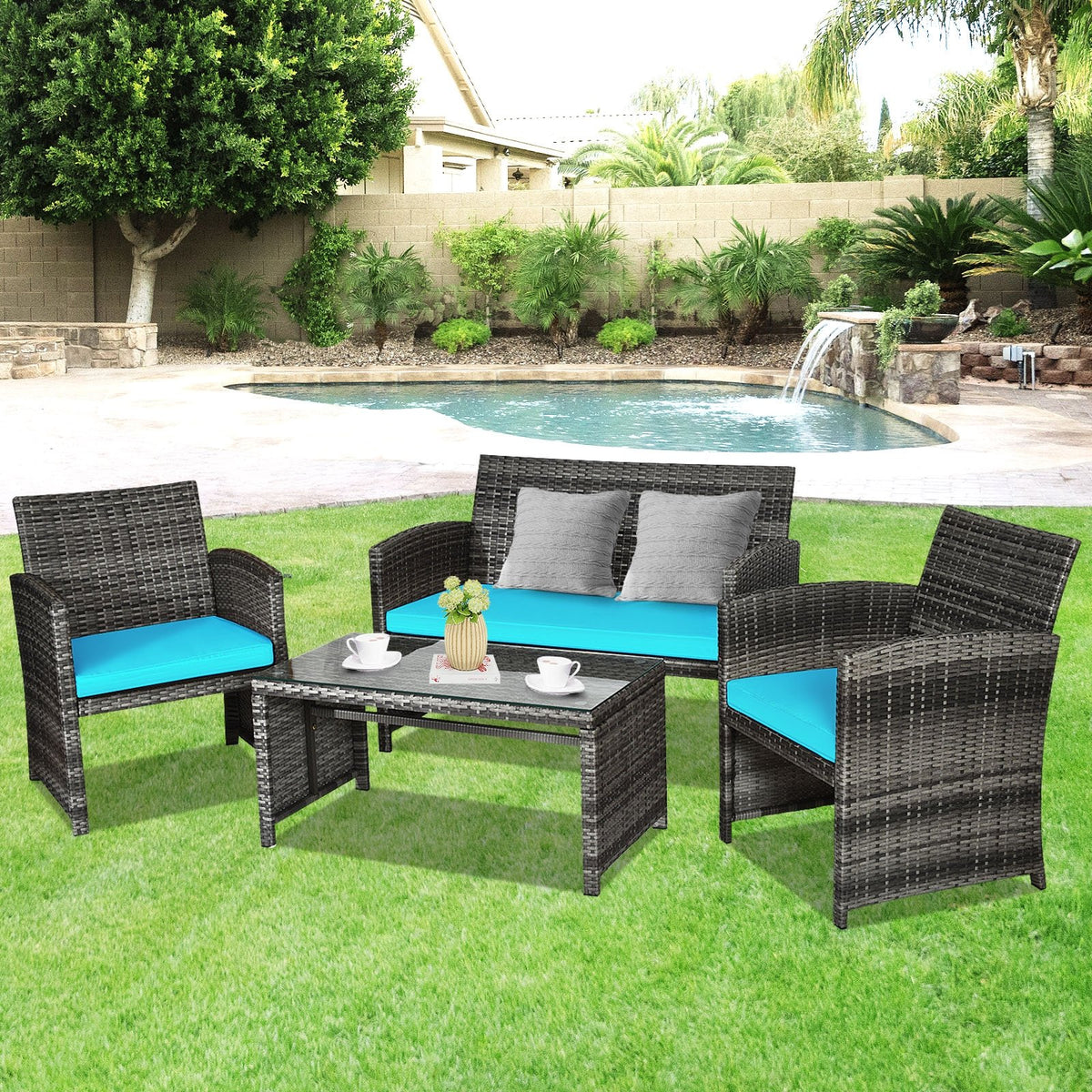 4 Pieces Patio Rattan Furniture Set with Cushions-Turquoise view 2