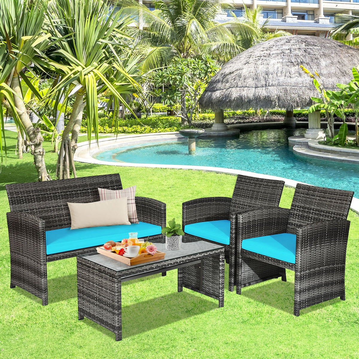 4 Pieces Patio Rattan Furniture Set with Cushions-Turquoise view 3